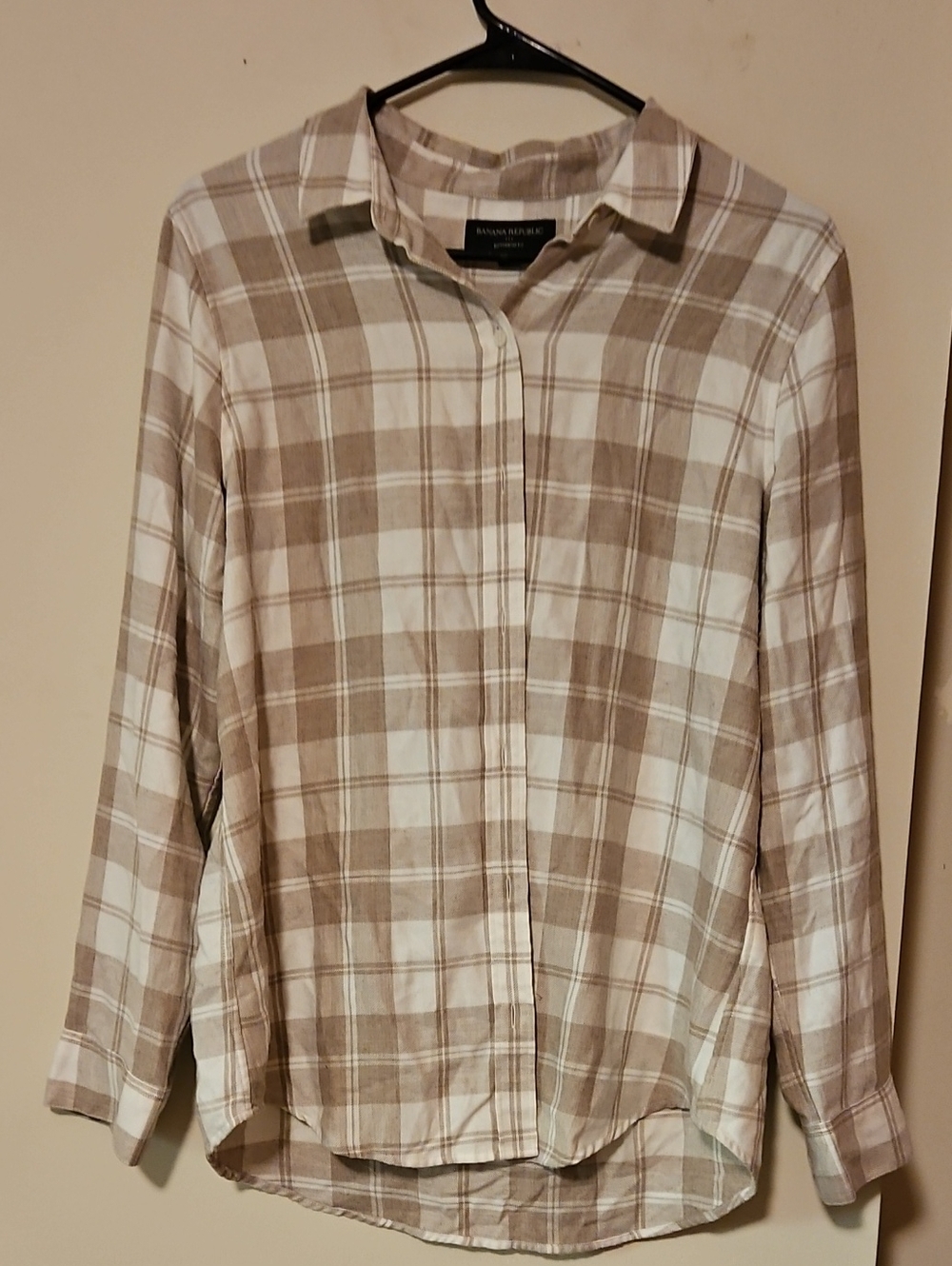 Banana Republic Beige and White Plaid Button-Down Shirt